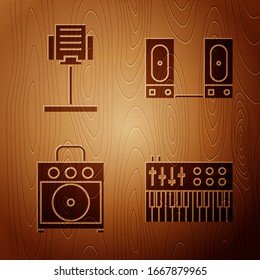 Set Music synthesizer, Music stand, Guitar amplifier and Stereo speaker on wooden background. Vector
