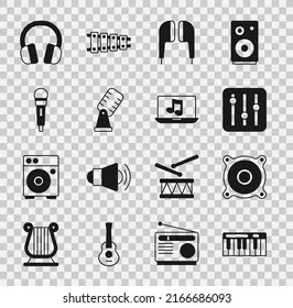Set Music synthesizer, Stereo speaker, Sound mixer controller, Air headphones, Microphone, Headphones and Laptop with music icon. Vector