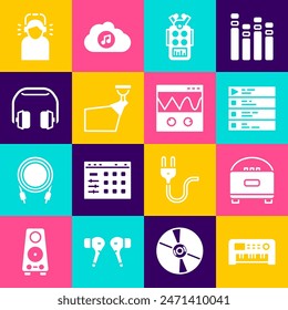 Set Music synthesizer, Stereo speaker, playlist, Microphone, Movie spotlight, Headphones, Man in headphones and Oscilloscope icon. Vector