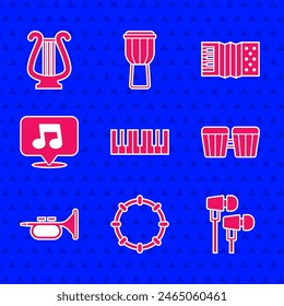 Set Music synthesizer, Tambourine, Air headphones, Drum, Trumpet, note, tone, Accordion and Ancient lyre icon. Vector