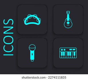 Set Music synthesizer, Tambourine, Guitar and Microphone icon. Black square button. Vector