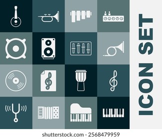 Set Music synthesizer, Treble clef, Trumpet, Pan flute, Stereo speaker, Banjo and Sound mixer controller icon. Vector