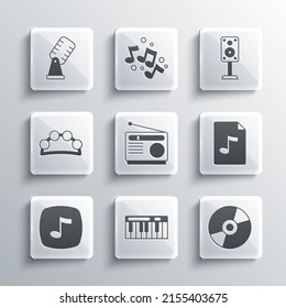 Set Music synthesizer, Vinyl disk, MP3 file document, Radio, note, tone, Tambourine, Microphone and Stereo speaker icon. Vector