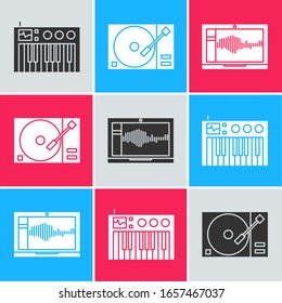 Set Music synthesizer, Vinyl player with a vinyl disk and Sound or audio recorder on laptop icon. Vector