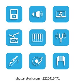 Set Music synthesizer, Vinyl player, Air headphones, Musical tuning fork, Audio jack, Drum with drum sticks, Laptop music and  icon. Vector