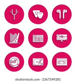 Set Music synthesizer, Vinyl player with a vinyl disk, VHS video cassette tape, Sound or audio recorder on monitor, CD, Harp, Air headphones and Musical tuning fork icon. Vector