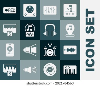 Set Music synthesizer, wave equalizer, note, tone, Sound mixer controller, Record button and Headphones icon. Vector