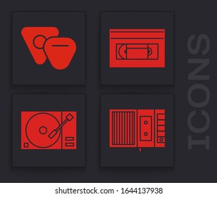 Set Music tape player, Guitar pick, VHS video cassette tape and Vinyl player with a vinyl disk icon. Vector