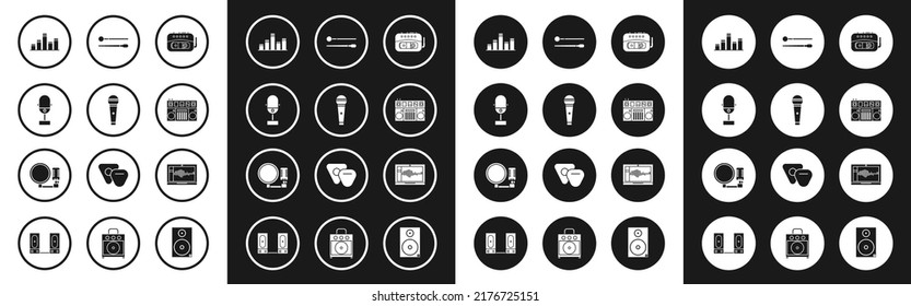 Set Music tape player, Microphone, equalizer, DJ remote for playing and mixing music, Drum sticks, Sound audio recorder laptop and  icon. Vector