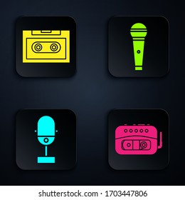 Set Music tape player, Retro audio cassette tape, Microphone and Microphone. Black square button. Vector