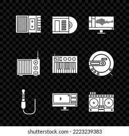 Set Music tape player, Vinyl disk, Sound or audio recorder on monitor, Audio jack, Video editor software, DJ remote for playing and mixing music, Radio with antenna and synthesizer icon. Vector