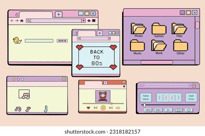 Set of music user interface elements, pixel style, audio player template, retro wave. Design concept for websites and applications in old style of 80s 90s.