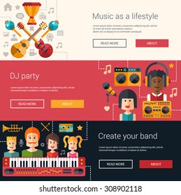 Set of music vector flat modern illustrations, banners, headers with icons and characters. Flyers for your design
