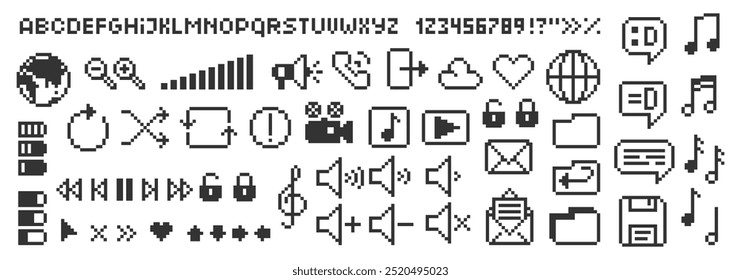 Set of music and video icons, elements of computer interface and alphabet. Pixel art vector illustration.