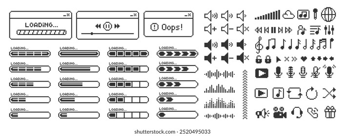 Conjunto de ícones de música e vídeo, elementos de interface de computador e barra de progresso. Ilustração vetorial de arte em pixels.