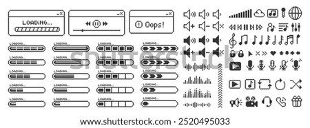 Set of music and video icons, elements of computer interface and progress bar. Pixel art vector illustration.