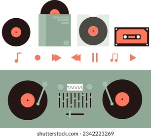 set of music vinyl retro cartoon elements