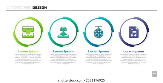 Definir equalizador de onda de música, DJ tocando música, Disco ball e documento de arquivo MP3. Modelo de infográfico comercial. Vetor