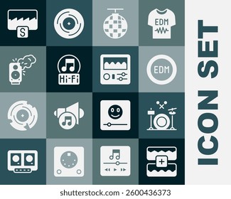 Set Music wave equalizer, Drums, EDM electronic dance music, Disco ball, note, tone, Stereo speaker,  and machine icon. Vector