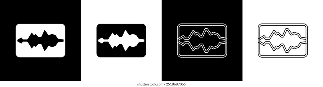 Set Musikwellen-Entzerrer-Symbol einzeln auf schwarz-weißem Hintergrund. Schallwelle. Digitale Audio-Equalizer-Technologie, Konsolenpanel, Pulsmusik.  Vektorgrafik