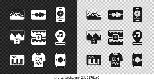 Set Music wave equalizer, player, synthesizer, T-shirt, Beer can,  and  icon. Vector