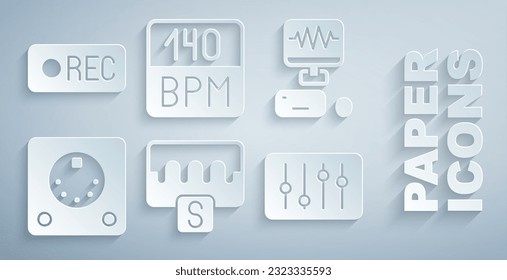 Set Music Wave Equalizer, Recording Studio, Drum Machine, Sound Mixer Controller, Bitrate und Record Button Icon. Vektorgrafik