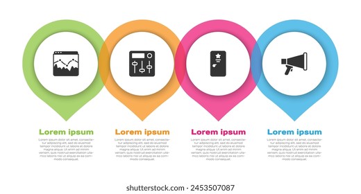 Set Music wave equalizer, Sound mixer controller, Backstage and Megaphone. Business infographic template. Vector