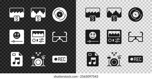 Set Music wave equalizer, Vinyl disk, MP3 file document, Drums, Record button, player and machine icon. Vector