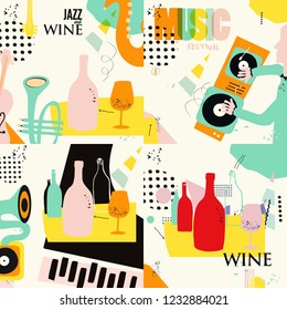 Set of music and wine cards and banners. Jazz music festival cards with instruments flat vector illustration design. Colorful concert posters, party flyers, wine tasting events, restaurant brochures