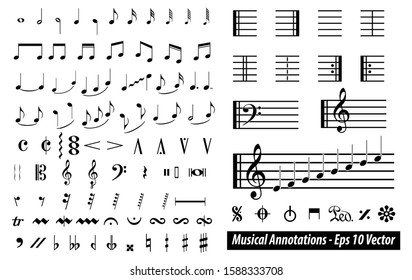 set of musical annotations or music note elements concept. 