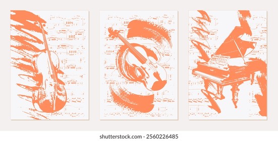 Set of musical backgrounds. Vintage templates with violin, cello, grand piano on the background of sheet music. Abstract brush strokes with paint texture. Vector.