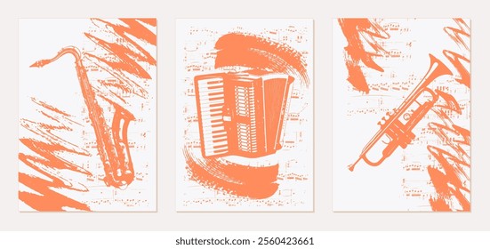 Set of musical backgrounds. Vintage templates with trumpet, saxophone, accordion on the background of sheet music. Vector. Abstract brush strokes with paint texture.