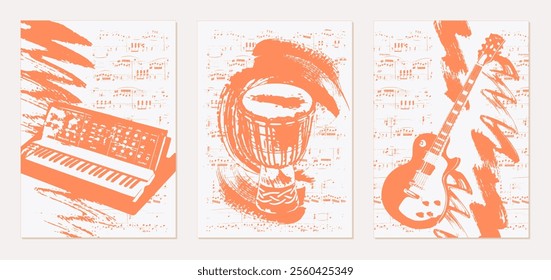 Set of musical backgrounds. Vintage templates with synthesizer, djembe, guitar on the background of sheet music. Vector. Abstract brush strokes with paint texture.