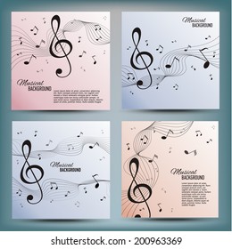 Set of musical banners with musical key and notes. Abstract background. Vector illustration.