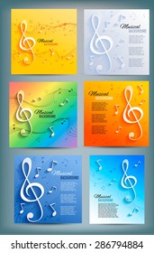 Set of musical banners with musical key and notes and designed text. Banner templates. Abstract background. Vector illustration.