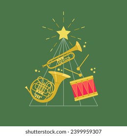 Conjunto de instrumentos de metal y percusión: trompeta, tambor, cuerno francés contra fondo de árbol de Navidad con estrella parpadeante. Tarjeta de invitación de vector lindo para la actuación musical de vacaciones.