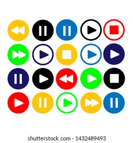 Set of musical buttons multi-colored stop, play, rewind, pause.