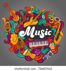 set of musical cartoon instruments, vector illustration