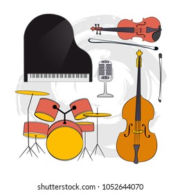 A set of musical concert instruments. Clipart on an abstract beige background.Royal, drums, double bass, violin, mikrafon. Rock'n'roll day. Isolated, vector illustration.