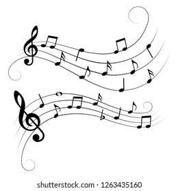 Set of musical design elements, various music notes on stave, vector illustration.