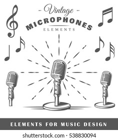 Set of musical elements isolated on white background. Vintage microphone. Notes. Vector illustration.