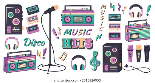 Conjunto de elementos musicales de estilo retro de los años 90, 80, 70. Plantilla de dibujos animados musicales dibujada a mano con lemas sobre música. Clipart. Ilustración vectorial para fiesta musical nostalgia, afiche publicitario