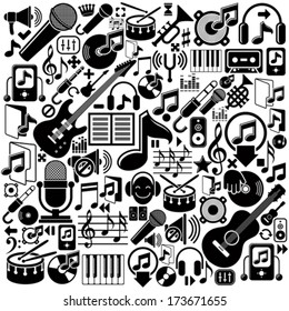 Set of musical elements, vector black isolated musical icons.