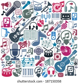 Set of musical elements, vector colorful isolated musical icons.