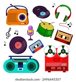 Set of musical equipment in cartoon style. Vector illustration of vintage musical objects: radio, gramophone records, headphones,microphone, drum, cassettes,boombox,notes isolated on white background.