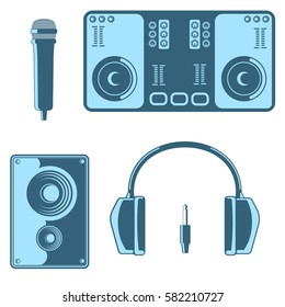 Set of musical equipment. 
Musical speaker, microphone, dj console, headphones.
