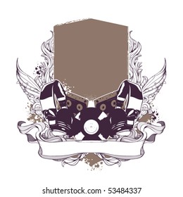 Set of musical grunge elements with banner. Vector illustration.