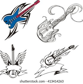 Set of musical guitars with flames and decorations. Vector illustrations.