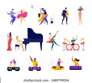 Set of Musical Hobbies and Entertainment. Happy Male and female Characters Dancing on Party, Classical and Rock Music Band Performing, Dj Mixing Beats in Bight Club Cartoon Flat Vector Illustration