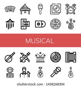 Set of musical icons such as Accordion, Wind chimes, Piano, Cassette, Maracas, Cds, Cd, Musical notes, Drum set, Guitar, Mandolin, Punk, Violin, Singer, Drum, Acoustic guitar , musical